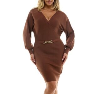 Rosie Harlow Juniors' Surplice-Neck Dolman-Sleeve Dress - Cappuccino Size L